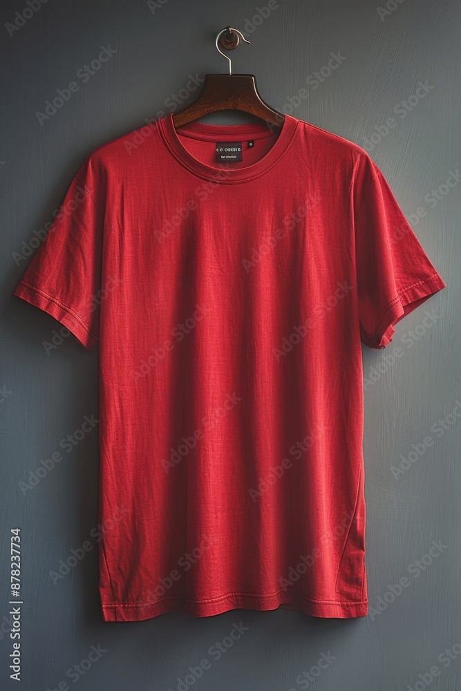 A blank red shirt hanged on, minimal decoration , shirt mockup , gray background A blank red shirt hanged on, minimal decoration , shirt mockup , gray background