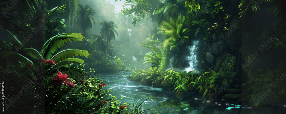 Fototapeta premium Lush tropical rainforest with stream and waterfall on a sunny day