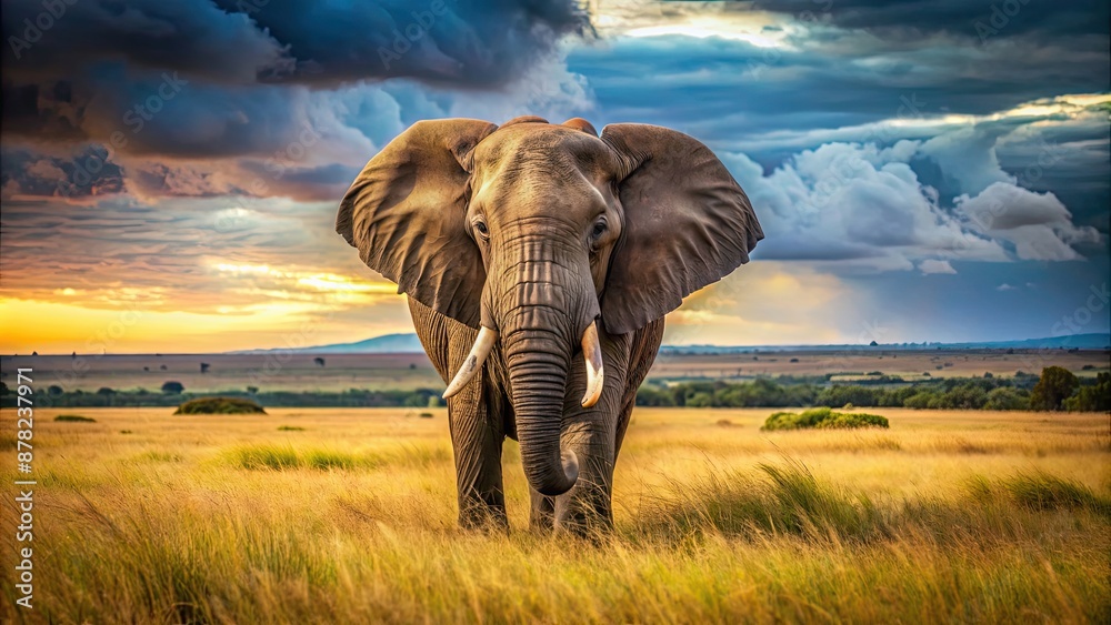 Fototapeta premium Majestic elephant standing in savannah, wildlife, African, majestic, nature, tusks, trunk, safari, mammal, herbivore