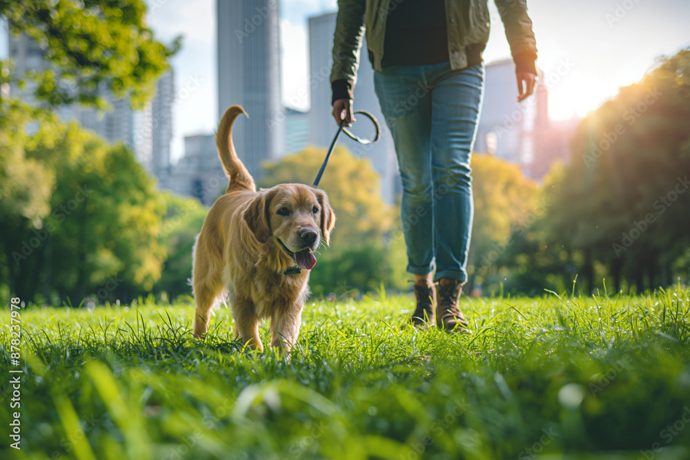Urban lifestyle, close-up of a person walking a dog in a city park, green urban environment, bright natural light, relaxed and active atmosphere, skyscrapers and trees in the background Urban lifestyle, close-up of a person walking a dog in a city park, green urban environment, bright natural light, relaxed and active atmosphere, skyscrapers and trees in the background