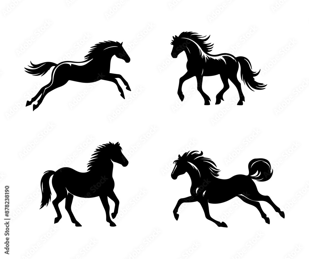 Collection of silhouettes of horses, herbivorous domestic animal isolated against white background Collection of silhouettes of horses, herbivorous domestic animal isolated against white background