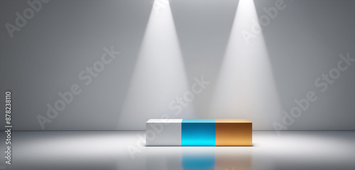 A product display pedestal illuminated by studio light in a white room