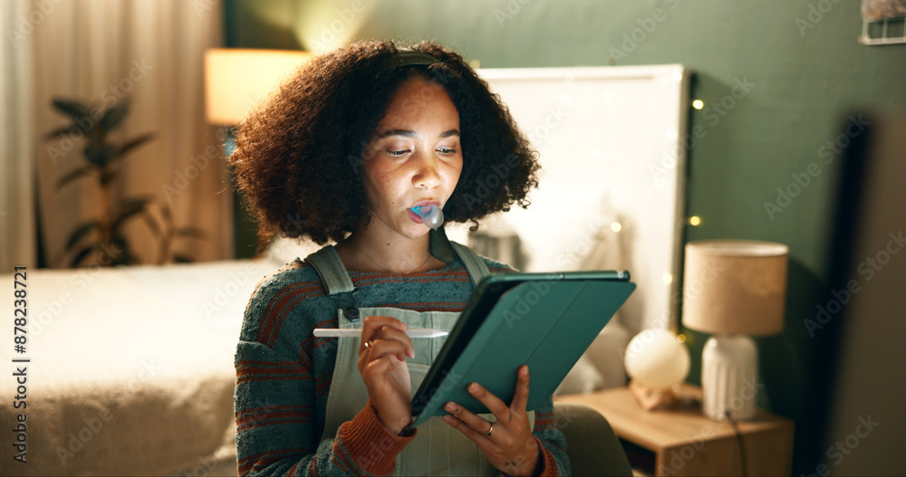 Tablet, student and reading at night for research, design and creativity at home. Female art learner, technology and blowing bubble in bedroom with ideas, drawing app and social media on internet Tablet, student and reading at night for research, design and creativity at home. Female art learner, technology and blowing bubble in bedroom with ideas, drawing app and social media on internet