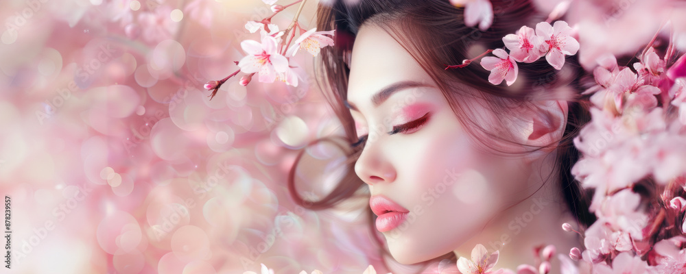 Woman surrounded by pink cherry blossoms in spring Woman surrounded by pink cherry blossoms in spring