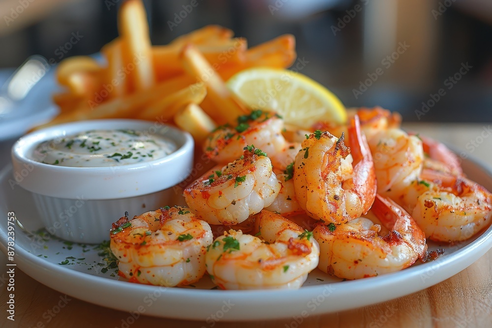 A plate of scampi and chips, with golden fried scampi, chunky chips, tartar sauce, and a wedge of lemon. A plate of scampi and chips, with golden fried scampi, chunky chips, tartar sauce, and a wedge of lemon.