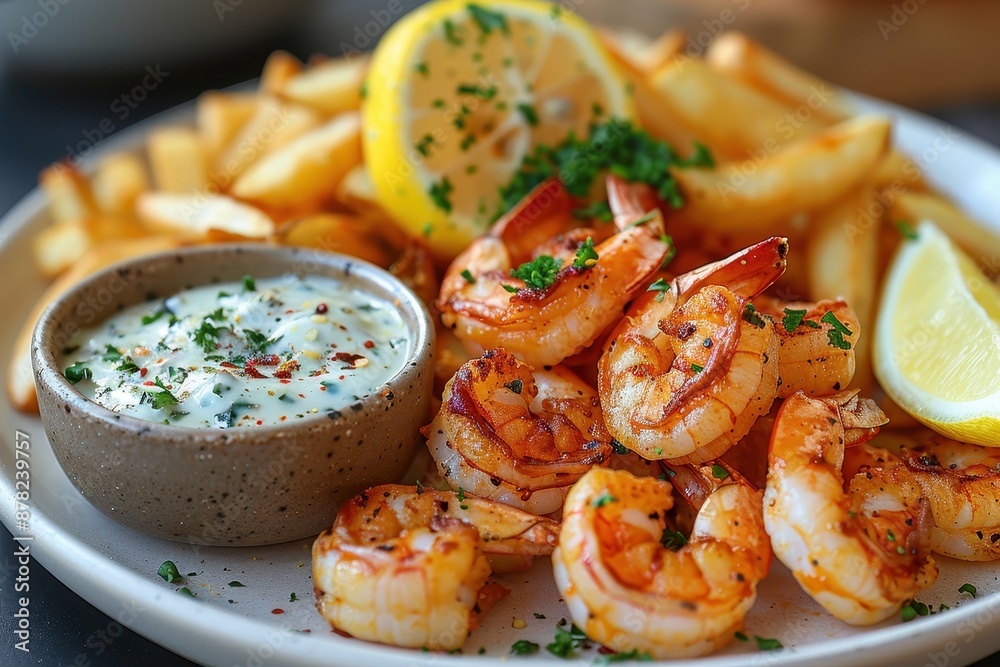 A plate of scampi and chips, with golden fried scampi, chunky chips, tartar sauce, and a wedge of lemon. A plate of scampi and chips, with golden fried scampi, chunky chips, tartar sauce, and a wedge of lemon.