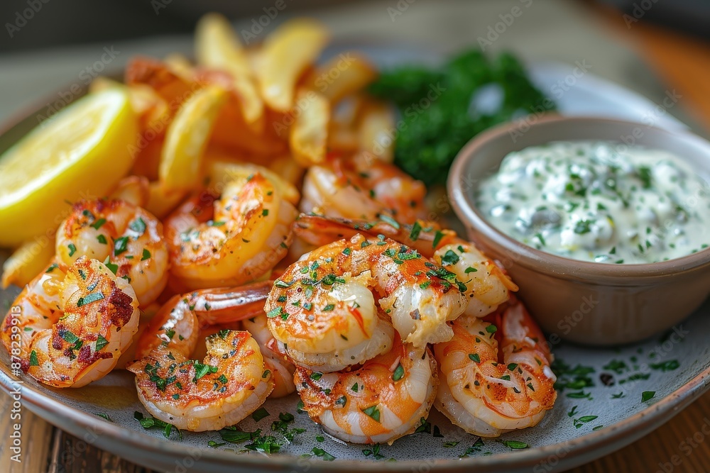 A plate of scampi and chips, with golden fried scampi, chunky chips, tartar sauce, and a wedge of lemon. A plate of scampi and chips, with golden fried scampi, chunky chips, tartar sauce, and a wedge of lemon.