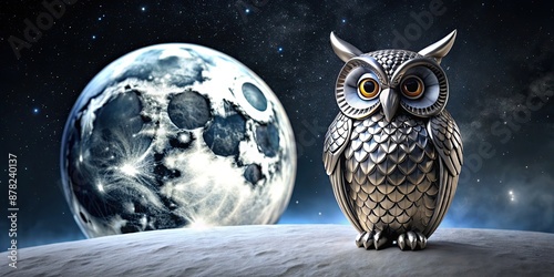 chrome metal owl with moon background, owl, moon, chrome, metal,night, wildlife, silver, shiny, reflection, nocturnal, animal photo