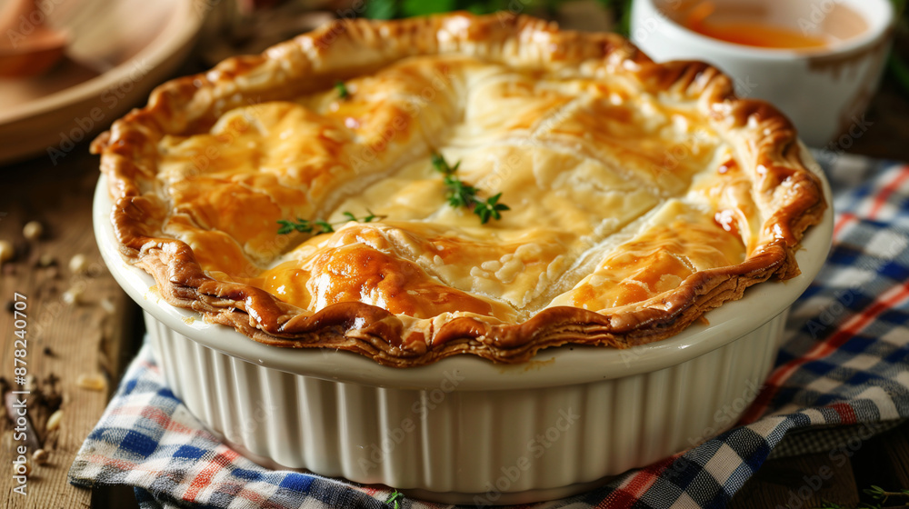 a comforting chicken pot pie, with a golden, flaky crust, set on a rustic wooden table with a checked tablecloth in the background a comforting chicken pot pie, with a golden, flaky crust, set on a rustic wooden table with a checked tablecloth in the background