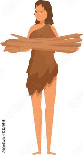 Prehistoric woman is carrying wood, ready to start a fire