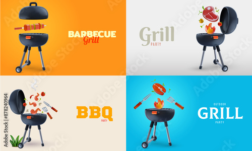 bbq banner template in minimalistic 3d style. Set corporate background for outdoor events. Vector illustration.