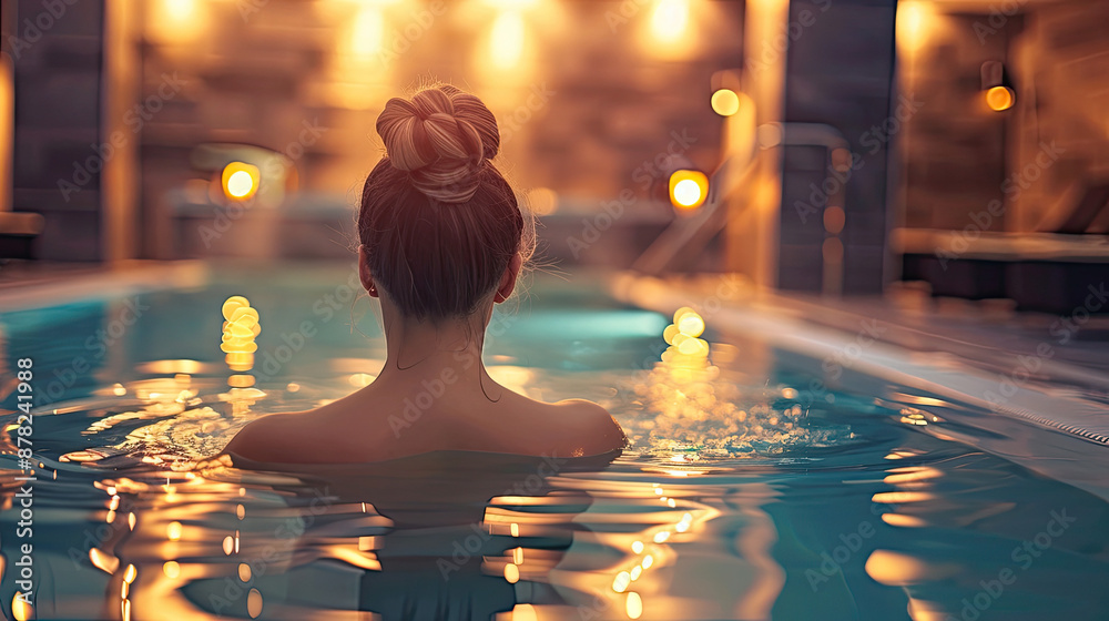 Beautiful Young Woman Enjoying and Relaxing in the Swimming Pool at a Luxury Spa Hotel: Serene Wellness Retreat, Premium Leisure Experience, Tranquil Water, Upscale Resort, Pampering and Relaxation,