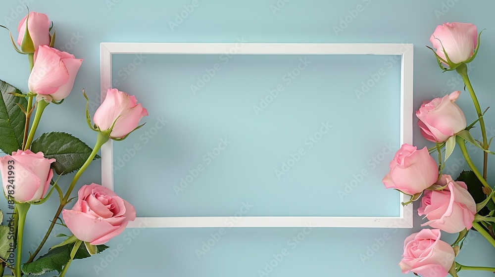 Obraz premium White frame and pink roses against blue backdrop