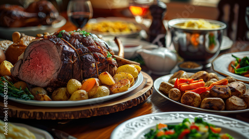 a classic Sunday roast, featuring a juicy roast beef, crispy roasted potatoes, and steamed vegetables, served on a family dining table 