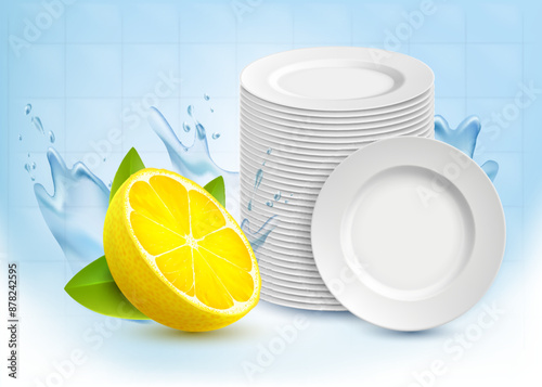 Clean washed plates near lemon fruit. Dishwashing soap with citrus scent. Stock vector illustration