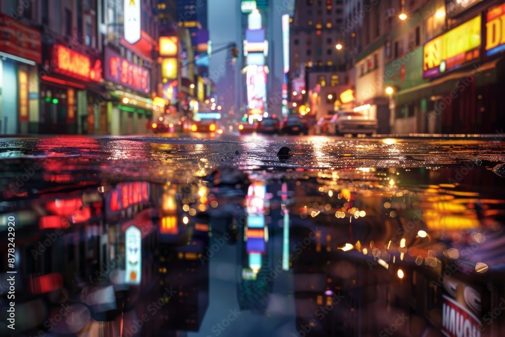 A serene puddle mirrors the city's vibrant nightlife, surrounded by towering skyscrapers. The reflection creates a sense of symmetry and calm amidst the bustling urban environment. A serene puddle mirrors the city's vibrant nightlife, surrounded by towering skyscrapers. The reflection creates a sense of symmetry and calm amidst the bustling urban environment.