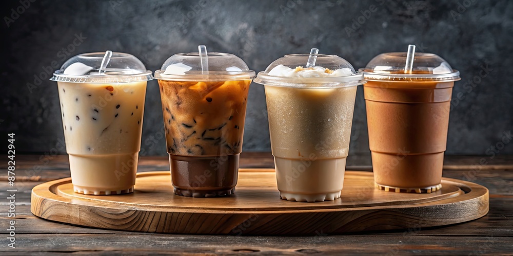 Five iced coffee trios in plastic cups on wood board background, iced coffee, plastic cup, wood board, brown background Five iced coffee trios in plastic cups on wood board background, iced coffee, plastic cup, wood board, brown background