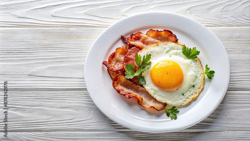 Fried egg with crispy bacon on a white plate, breakfast, food, sunny side up, savory, delicious, home cooking, protein Fried egg with crispy bacon on a white plate, breakfast, food, sunny side up, savory, delicious, home cooking, protein
