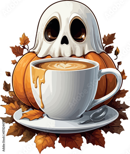 Halloween atmosphere A ghost drinking coffee clipart Vector illustration.