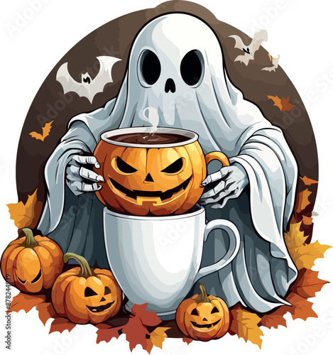 Halloween atmosphere A ghost drinking coffee clipart Vector illustration.