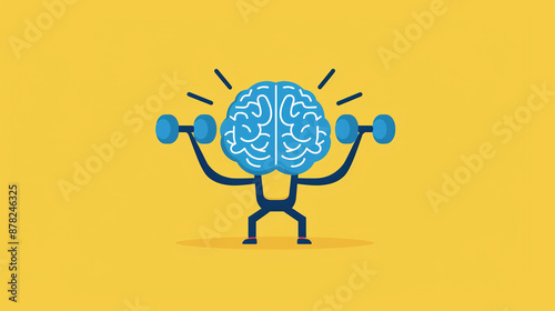 Simple cartoon of a blue human brain lifting weights, on a  Yellow background, Minimalistic style. photo