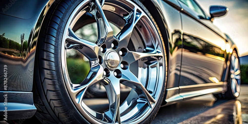 A close-up photo of a shiny chrome wheel on a sports car, automobile, tire, alloy, vehicle, transportation, car, chrome, rotation A close-up photo of a shiny chrome wheel on a sports car, automobile, tire, alloy, vehicle, transportation, car, chrome, rotation
