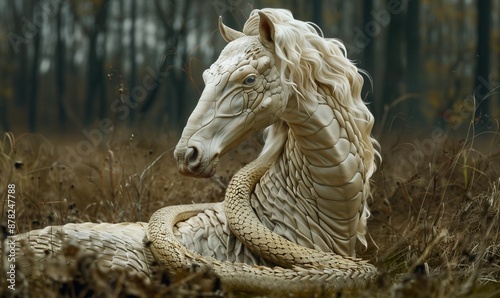 Serene Horse-Snake Hybrid Resting in a Forest Setting. AI photo