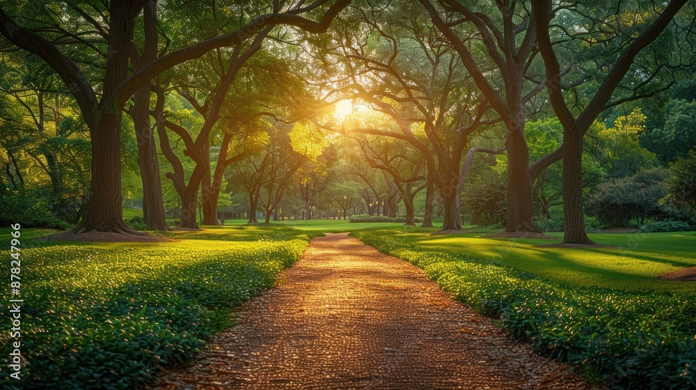 Naklejka premium Golden Path Through a Serene Forest