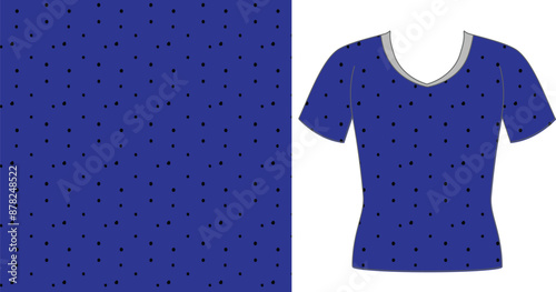 A blue shirt with small black dots next to a swatch of the same pattern and a white neckline shown