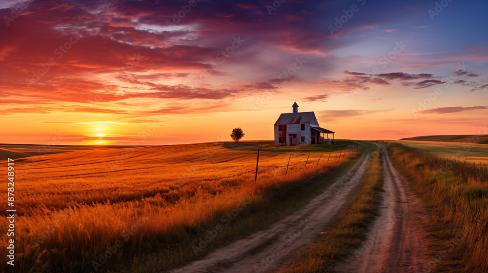 Fototapeta premium Sunset Over Countryside with a House and Fields