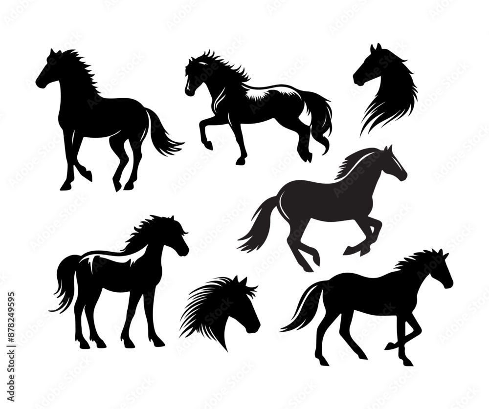 Collection of silhouettes of horses, herbivorous domestic animal isolated against white background 