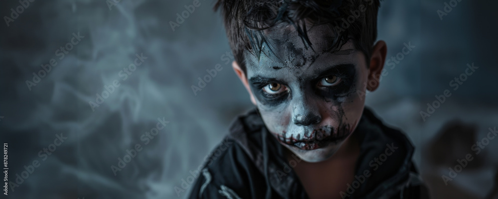 Young boy dressed as a skeleton for halloween