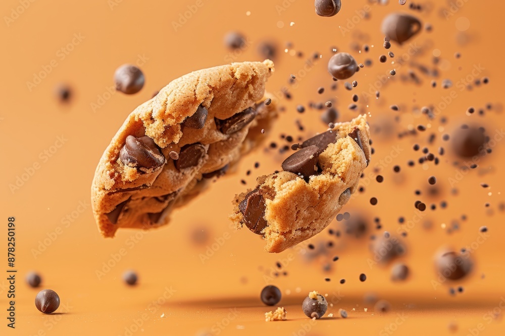 National Chocolate Chip Cookie Day. chocolate chip cookie broken into pieces with small balls flying out on an orange background National Chocolate Chip Cookie Day. chocolate chip cookie broken into pieces with small balls flying out on an orange background