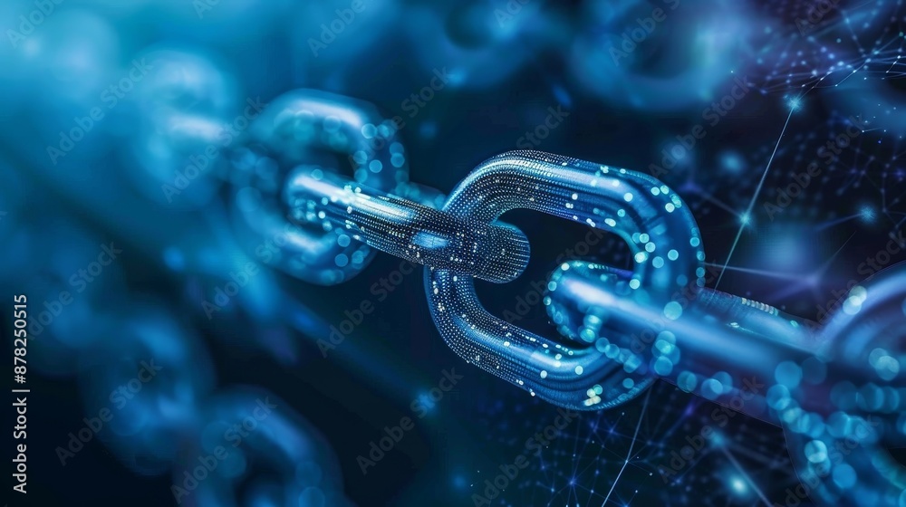 Abstract digital chain with blue glow and data particles. Concept for security, connection, and technology. Abstract digital chain with blue glow and data particles. Concept for security, connection, and technology.
