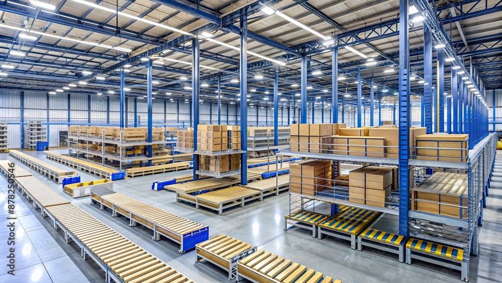 Modern logistics warehouse with automated loading and unloading systems for e-commerce sorting, logistics, warehouse Modern logistics warehouse with automated loading and unloading systems for e-commerce sorting, logistics, warehouse