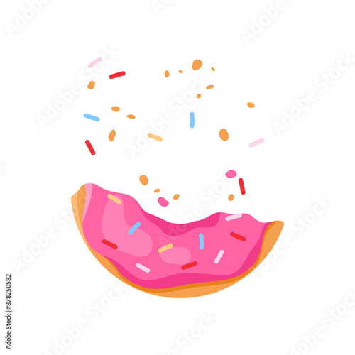 Piece of donut while eating, round cake with pink cream and crumbs vector illustration