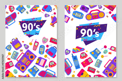 Retro pop culture from 90s pattern.Portable videogame console. Cassette audio player headphones.Radio cassette tape recorder.Old mobile phone.Boombox tapes record.Cartoon 90s pop-art
