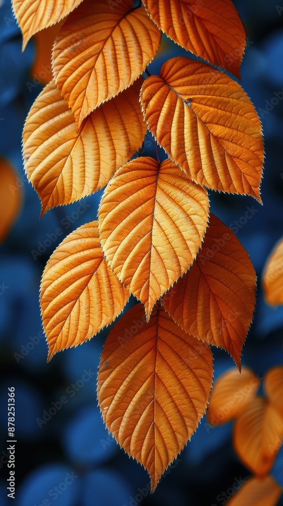 Close-up of orange autumn leaves against a blue background Close-up of orange autumn leaves against a blue background