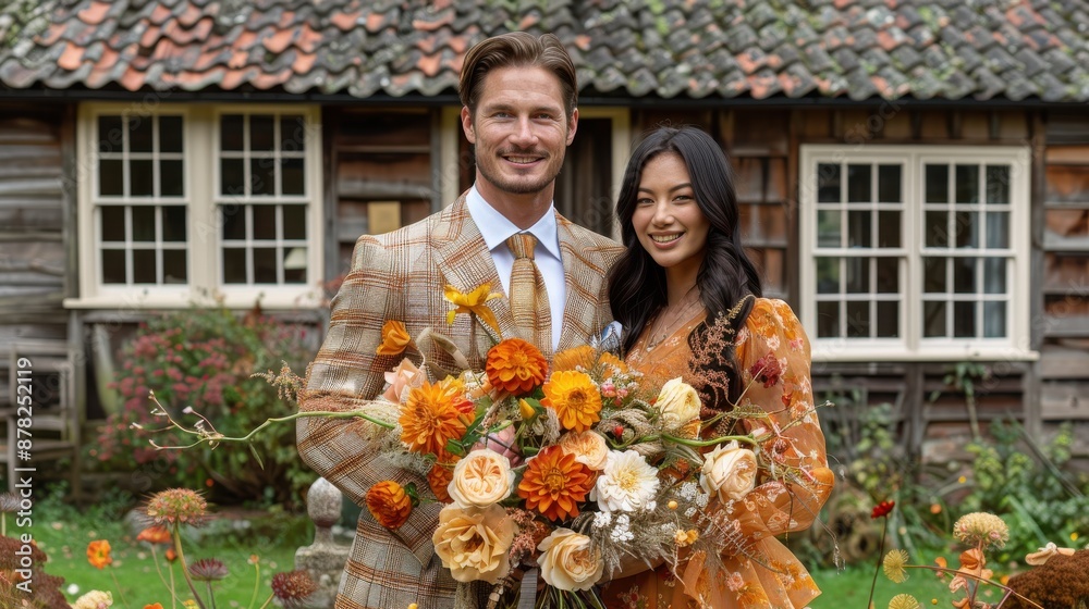 Fototapeta premium Rustic wedding portrait of a couple with a floral arrangement