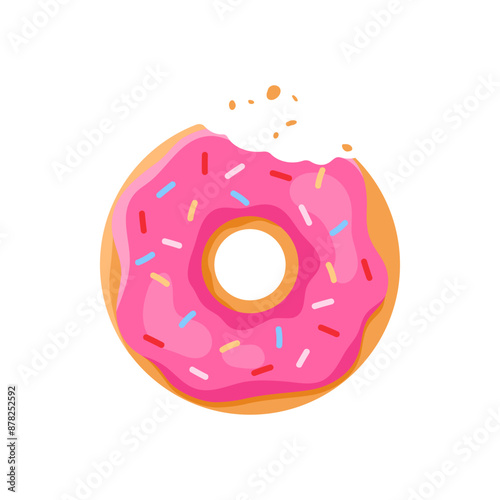 Cute bitten donut with strawberry pink glaze and sweet crumbles vector illustration