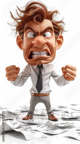 Angry cartoon man standing on a pile of papers