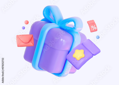 A gift certificate with a letter and flying coupons. 3D vector illustration for sales, subscriptions or email newsletters.