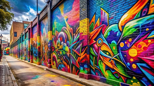 Graffiti art painted on a colorful street wall, graffiti, street art, urban, spray paint, mural, creative