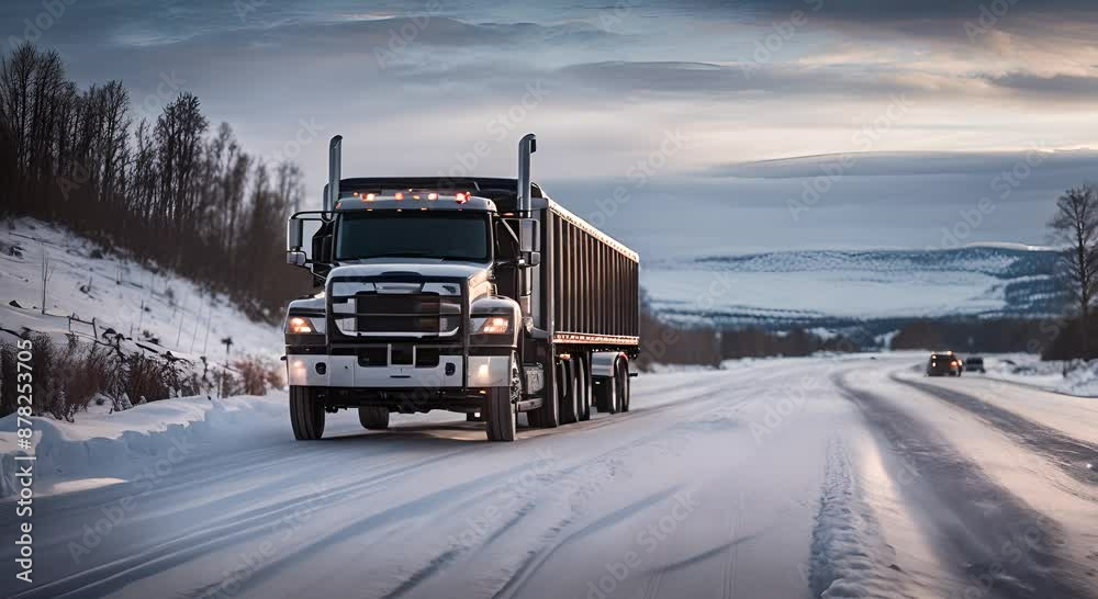 Truck driving on the road with snow. Truck driving on the road with snow.