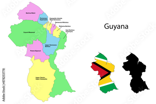 Guyana administrative divisions. Guyana flag and map illustration vector. Districts of Guyana