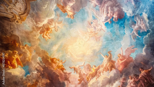 Painted ceiling with the image of angels in heaven
