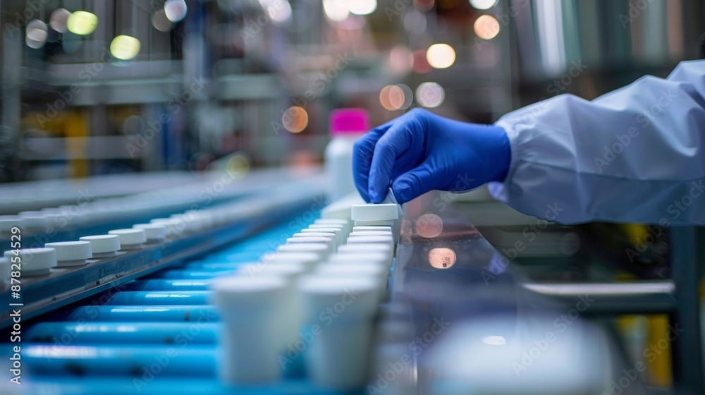 a plastic cap factory with the hands of an inspector checking the production.
