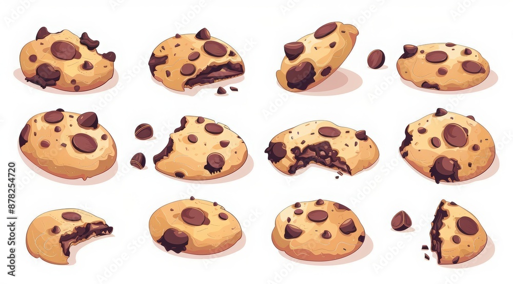 Fototapeta premium National Chocolate Chip Cookie Day. Set of vector illustrations of cookies with chocolate chips and broken pieces in the cartoon style against a white background