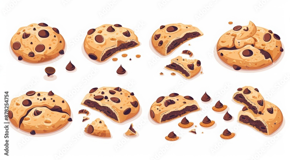 National Chocolate Chip Cookie Day. Set of vector illustrations of cookies with chocolate chips and broken pieces in the cartoon style against a white background National Chocolate Chip Cookie Day. Set of vector illustrations of cookies with chocolate chips and broken pieces in the cartoon style against a white background