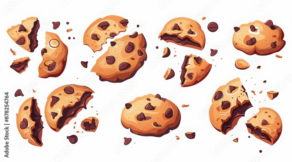 National Chocolate Chip Cookie Day. Set of vector illustrations of cookies with chocolate chips and broken pieces in the cartoon style against a white background